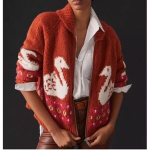 Anthropologie Rust and White Swan Cardigan